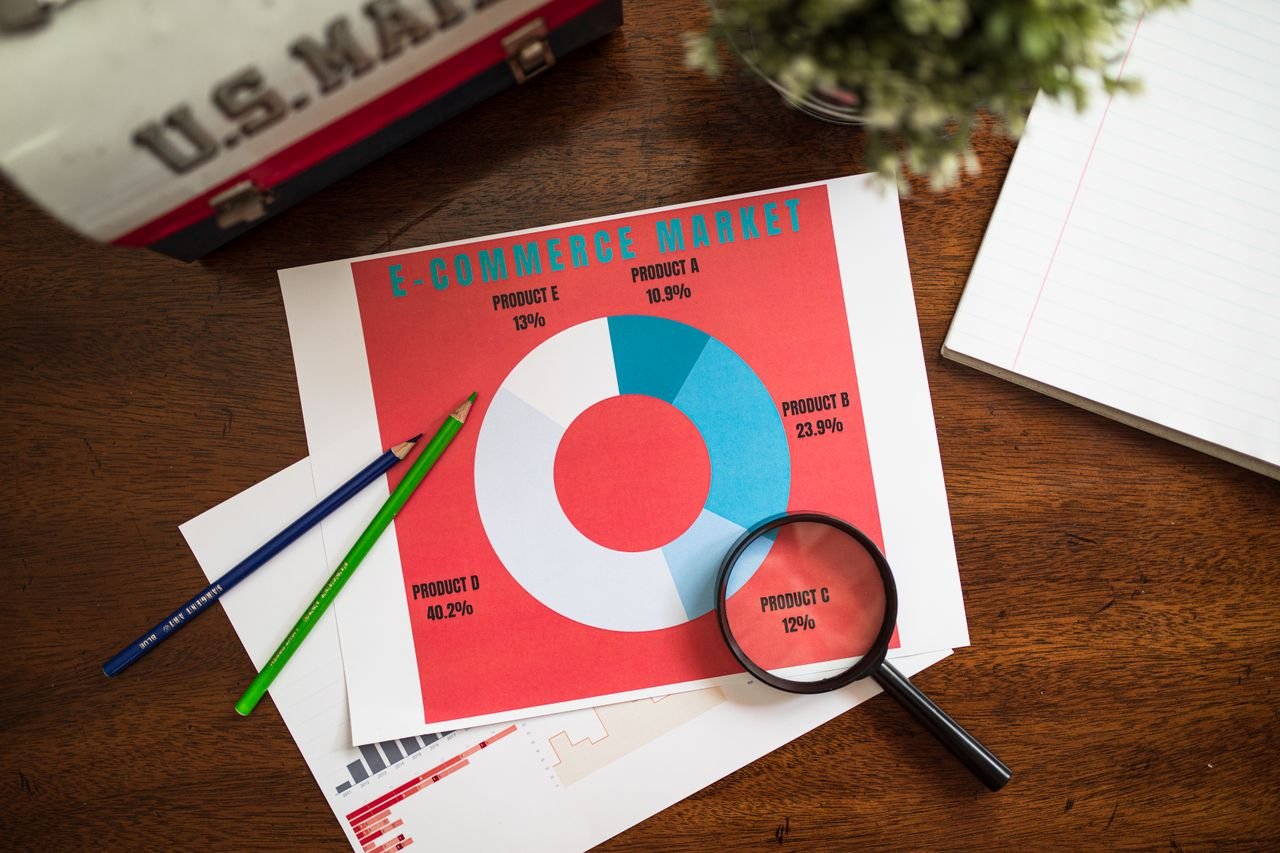 The Art of Drawing Readers In: Your attractive post title goes here Top view of e-commerce data charts with a magnifying glass on a wooden table.